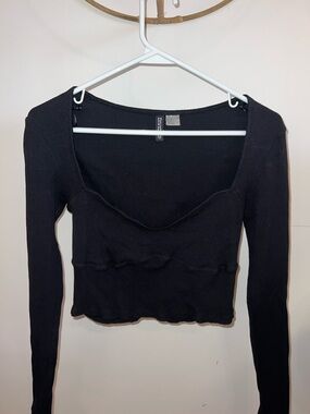 Divided Black Ribbed Scoop-Neck Long Sleeve Top
